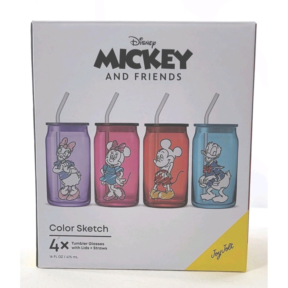 Disney Mickey & Friends Color Sketch Glass Tumbler Set Of 4 W Lids & Straws NIB